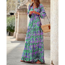 Tribal Paisley Print Long Sleeve Maxi Dress - green