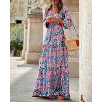 Tribal Paisley Print Long Sleeve Maxi Dress - hot pink