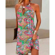 Tribal Paisley Print Metal Halter Casual Dress - Multicolor