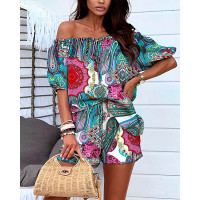 Tribal Paisley Print Off Shoulder Frill Hem Top & Shorts Set - Multicolor