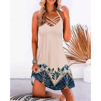 Tribal Plants Print Crisscross Halter Casual Dress - Apricot