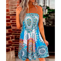 Tribal Print Bandeau Casual Dress - blue