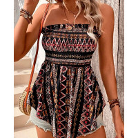 Tribal Print Bandeau Shirred Asymmetrical Tank Top - black