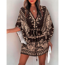 Tribal Print Batwing Sleeve Drawstring Casual Dress - black