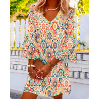 Tribal Print Bell Sleeve Casual Dress - Multicolor