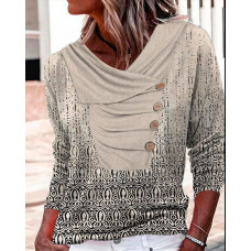 Tribal Print Button Decor Long Sleeve Top - khaki