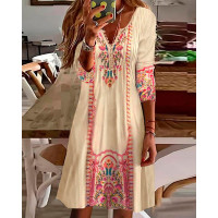 Tribal Print Button Detail Long Sleeve Casual Dress - khaki