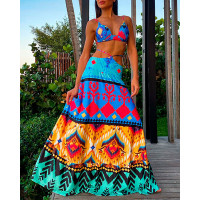 Tribal Print Cami Crop Top & Skirt Set - Multicolor