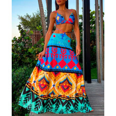 Tribal Print Cami Crop Top & Skirt Set - Multicolor