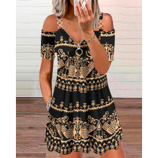 Tribal Print Chain Decor Cold Shoulder Swing Dress - black