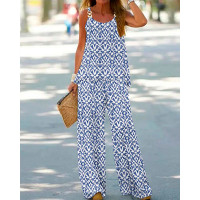 Tribal Print Chain Decor Tank & Wide Leg Pants Set - blue