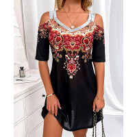 Tribal Print Cold Shoulder Casual Dress - black