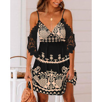 Tribal Print Cold Shoulder Contrast Lace Casual Dress - black