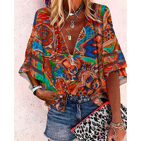 Tribal Print Contrast Mesh Bell Sleeve Top - Multicolor