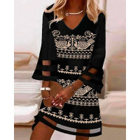 Tribal Print Contrast Mesh Casual Dress - black