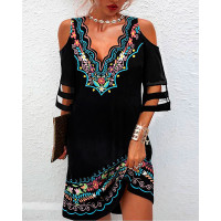 Tribal Print Contrast Mesh Cold Shoulder Casual Dress - black