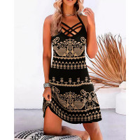 Tribal Print Criss Cross Halter Casual Dress - black