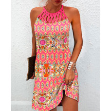 Tribal Print Hollow Out Sleeveless Casual Dress - hot pink