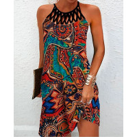 Tribal Print Hollow Out Sleeveless Casual Dress - Multicolor