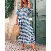 Tribal Print Lantern Sleeve Maxi Dress - blue