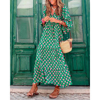 Tribal Print Lantern Sleeve Maxi Dress - green