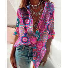 Tribal Print Long Sleeve Button Down Shirt - Multicolor