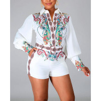 Tribal Print Long Sleeve Button Down Shirt & Shorts Set - white