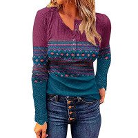 Tribal Print Long Sleeve Buttoned Top - blue