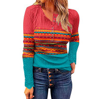 Tribal Print Long Sleeve Buttoned Top - red