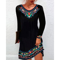 Tribal Print Long Sleeve Casual Dress - black