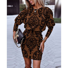 Tribal Print Long Sleeve Casual Dress - brown