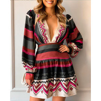 Tribal Print Long Sleeve Plunge Casual Dress - Multicolor