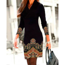 Tribal Print Long Sleeve Work Dress - black