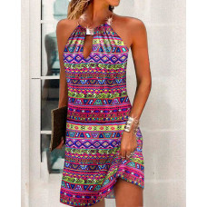 Tribal Print Metal Halter Casual Dress - hot pink