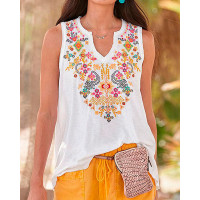 Tribal Print Notch Neck Tank Top - white