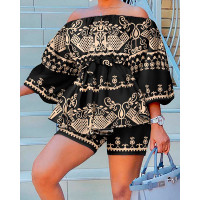 Tribal Print Off Shoulder Belted Top & Shorts Set - black