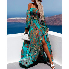 Tribal Print Off Shoulder Corset Slit Maxi Dress - green