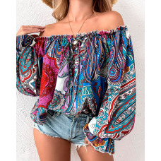 Tribal Print Off Shoulder Lantern Sleeve Top - Multicolor