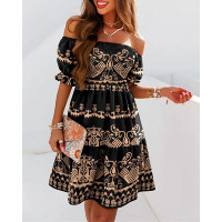 Tribal Print Off Shoulder Shirred Swing Dress - black