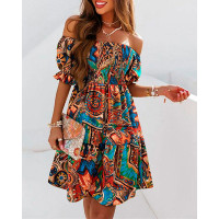 Tribal Print Off Shoulder Shirred Swing Dress - Multicolor