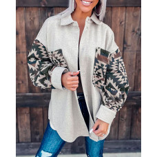 Tribal Print Patch Pocket Long Sleeve Shacket - light gray