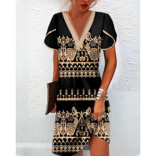 Tribal Print Petal Sleeve Casual Dress - black