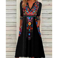 Tribal Print Pocket Design Casual Dress - black