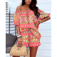 Tribal Print Puff Sleeve Top & Shorts Set - Multicolor