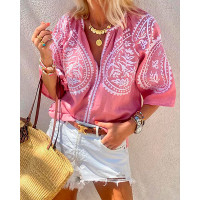 Tribal Print Ruched Detail Shirt - pink