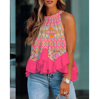 Tribal Print Ruffle Hem Casual Tank Top - hot pink