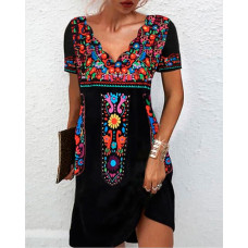 Tribal Print Scallop Trim V-Neck Casual Dress - black