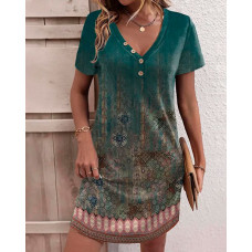 Tribal Print Short Sleeve Casual Dress - green