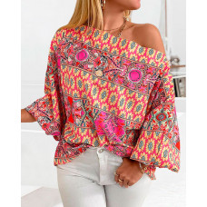 Tribal Print Skew Neck Lantern Sleeve Top - hot pink