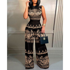 Tribal Print Sleeveless Wide Leg Jumpsuit - black